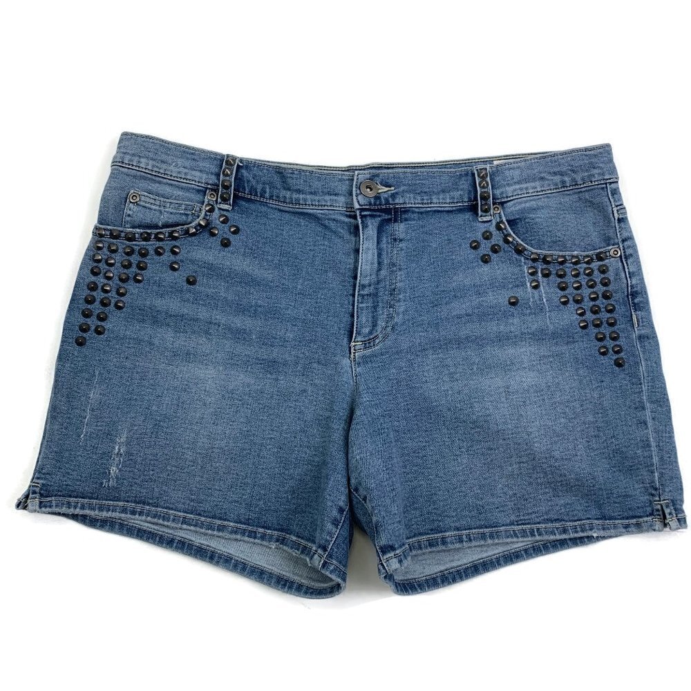 Two By Vince Camuto Distressed Wash Denim Shorts With Stud Embellishments SZ 32